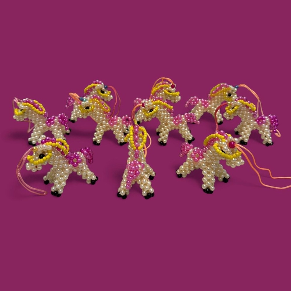 Handmade Fuchsia Beaded Pony Christmas Ornaments – Set of 10